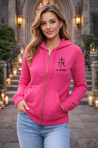 chrześcijańska damska rozpinana różowa bluza damska z kapturem z haftem ku bogu.png