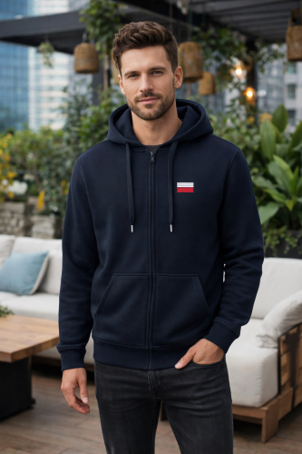 Chrześcijańska rozpinana granatowa bluza męska z haftem Polska Flaga.png