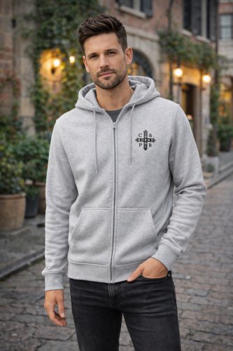 Chrześcijańska rozpinana szara bluza męska z haftem medalik świętego Benedykta.png