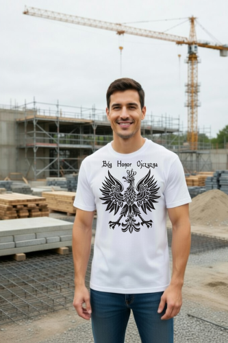 męska biała koszulka katolicka z nadrukiem godło polski bóg honor ojczyzna.png