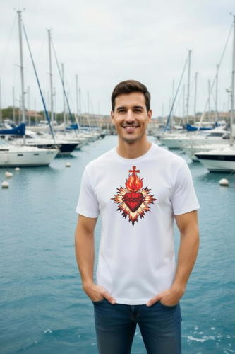 męska biała koszulka katolicka z nadrukiem najświętsze serce jezusa sacre coeur.png