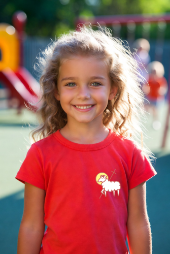 dziecięca czerwona koszulka chrześcijańska z nadrukiem Baranek Boży.png