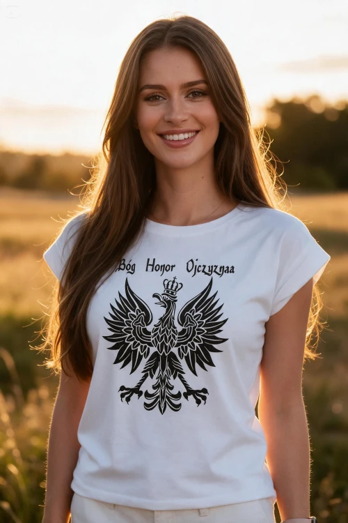 Chrześcijańska,katolicka religijna  biała koszulka damska godło bóg honor ojczyzna polska