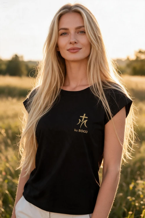 Chrześcijańska, katolicka religijna czarna koszulka damska ku bogu