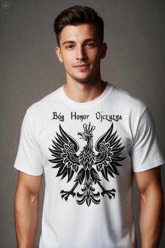 Chrześcijański katolicki religijny biały T-shirt męski z przesłaniem bog honor ojczyzna godło polska