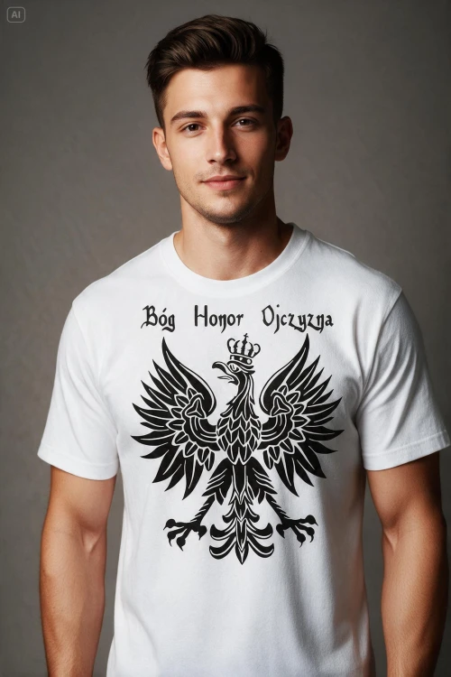 Chrześcijański katolicki religijny biały T-shirt męski z przesłaniem bog honor ojczyzna godło polska