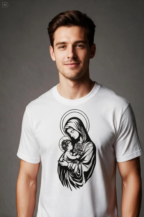 Chrześcijański katolicki religijny biały T-shirt męski z przesłaniem maryja z dzieciątkiem jezus