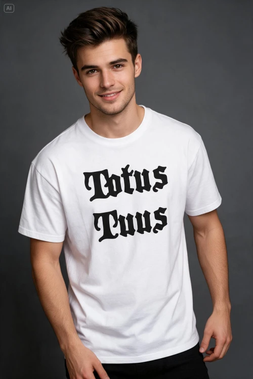 Chrześcijański katolicki religijny biały T-shirt męski z przesłaniem totus tuus cały twój