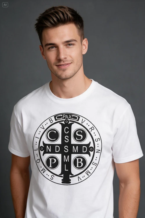Chrześcijański katolicki religijny biały T-shirt męski z przesłaniem medalik św benedykta
