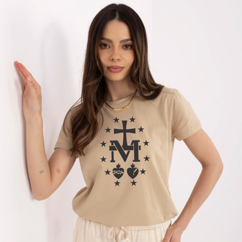 Beżowa koszulka damska Cudowny Medalik- Czarny