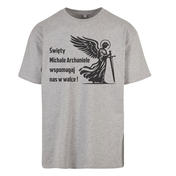 Szary t-shirt męski z nadrukiem Święty Michał Archanioł 