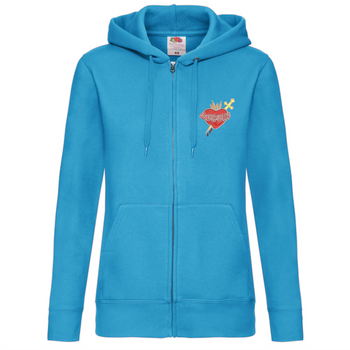 Bluza damska rozpinana z kapturem, niebieska, komfortowa - Niepokalane Serce Maryi haft metalizowany