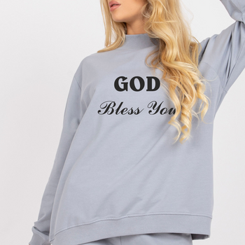 Modna bluza damska oversize w kolorze szarym - z czarnym nadrukiem God Bless You