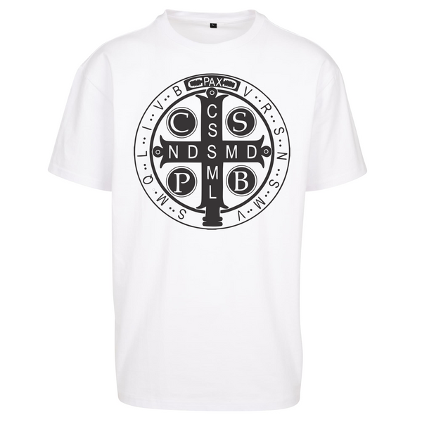 Biała koszulka męska z nadrukiem Krzyż Świętego Benedykta