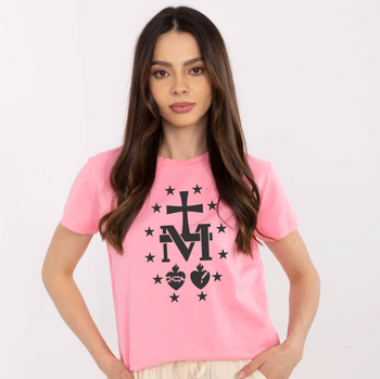 Różowa koszulka damska Cudowny Medalik Czarny