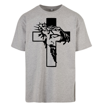 Szary t-shirt męski z nadrukiem Twarz Chrystusa w Krzyżu