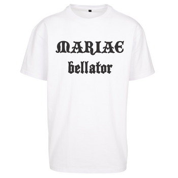 Biały t-shirt męski z nadrukiem Mariae Bellator - wojownik Maryi