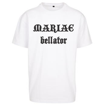 Wysokogatunkowy biały t-shirt męski z nadrukiem Mariae Bellator - wojownik Maryi