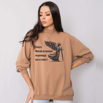 Bluza damska oversize w kolorze camelowym z nadrukiem  Święty Michał Archanioł z modlitwą