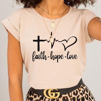 Beżowa koszulka damska z nadrukiem Faith Hope Love ( Wiara, Nadzieja, Miłość)