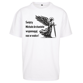 Biały t-shirt męski z nadrukiem Święty Michał Archanioł