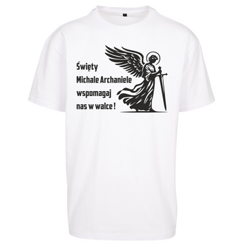 Wysokogatunkowy biały t-shirt męski z nadrukiem Święty Michał Archanioł