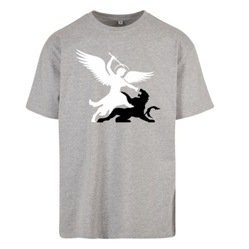 Szary t-shirt męski z nadrukiem Święty Michał Archanioł (biało czarny)