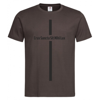 Brązowa koszulka męska z nadrukiem Crux Sacra Sit Mihi Lux (kolor przesłania czarny)
