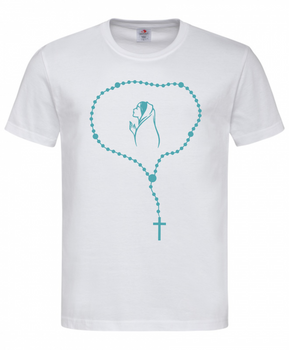 Biała koszulka męska z nadrukiem Różańca Świętego