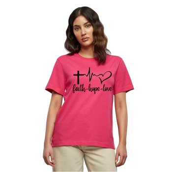 Fuksjowa modna koszulka damska z nadrukiem Faith Hope Love