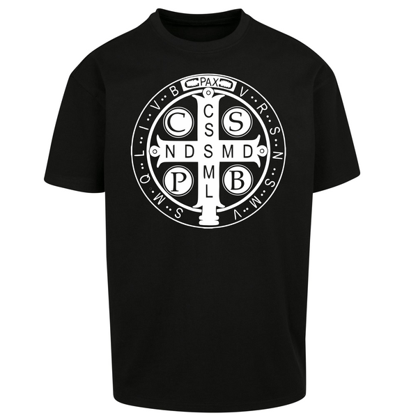 Czarna koszulka męska z białym nadrukiem Medalik Świętego Benedykta