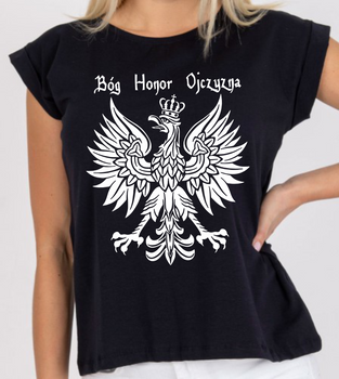 Czarna koszulka damska Patriotyczna - Godło Bóg Honor Ojczyzna