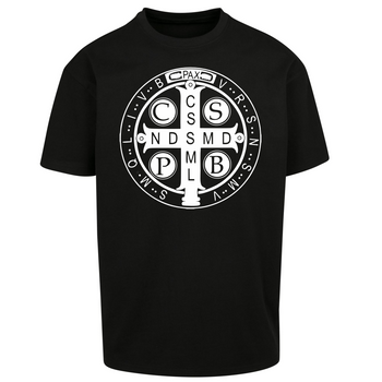 Czarna koszulka męska z białym nadrukiem Medalik Świętego Benedykta