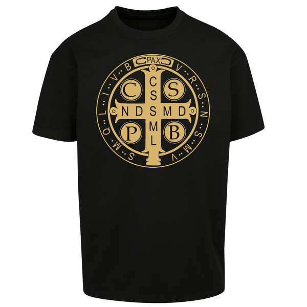 Czarna koszulka męska ze złotym nadrukiem Medalik Świętego Benedykta