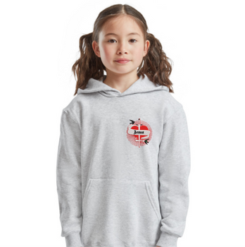 Szara bluza z kapturem dla dzieci i młodzieży (7-15 lat) Najświętsze Serce Jezusa (miecz, szarfa, jaskółki)