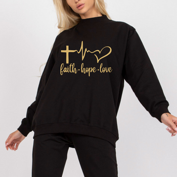 Czarna bluza damska oversize z nadrukiem faith, hope, love (wiara, nadzieja, miłość)-złoty połysk