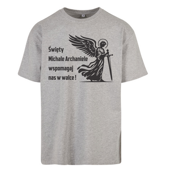 Szary t-shirt męski z nadrukiem Święty Michał Archanioł