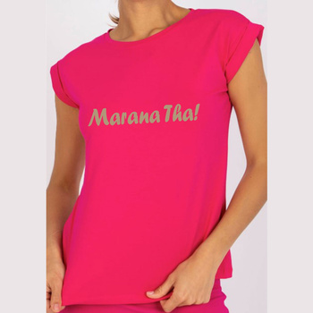 Koszulka damska w kolorze fuksji Marana Tha (przesłanie kolor złoty mat)