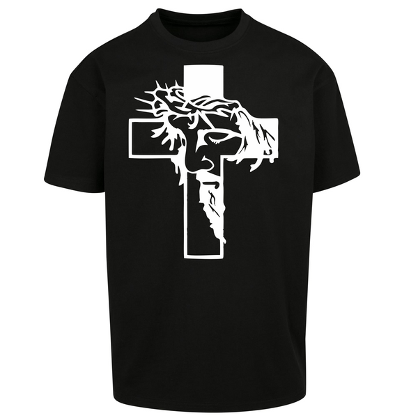 Czarna koszulka męska z nadrukiem Twarzy Chrystusa w Krzyżu