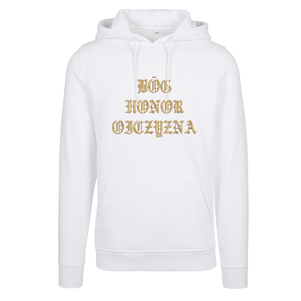 Biała bluza męska z kapturem - Bóg, Honor, Ojczyzna