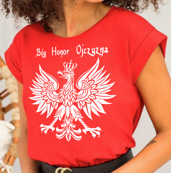 Czerwona koszulka damska Patriotyczna - Godło Bóg Honor Ojczyzna