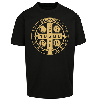 Czarna koszulka męska Medalik Świętego Benedykta - złoty połysk