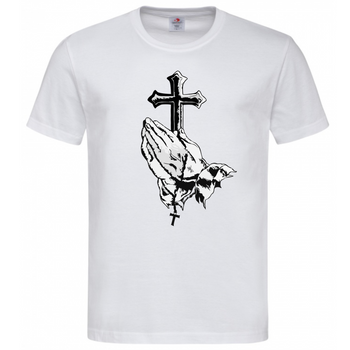 Biała koszulka z nadrukiem grafiki symbolizującej męską modlitwę