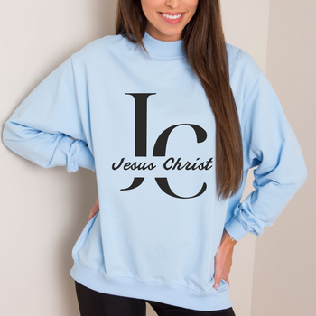 Błękitna bluza damska oversize z czarnym nadrukiem JC Jesus Christ