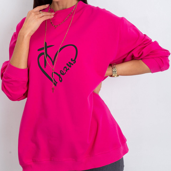 Wygodna fuksjowa bluza damska oversize z czarnym nadrukiem Serce z Napisem Jezus