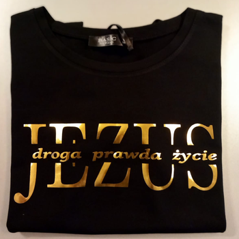 Elegancka czarna koszulka damska Jezus Droga Prawda Życie-złoty połysk