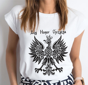 Biała koszulka damska Patriotyczna - Godło Bóg Honor Ojczyzna