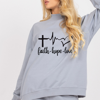 Modna bluza damska oversize w kolorze szarym - z czarnym nadrukiem Faith hope love