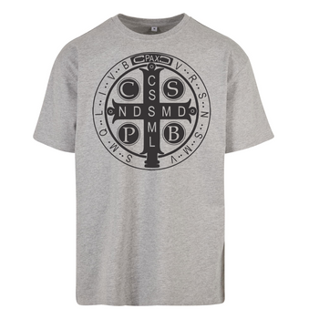Szary t-shirt męski z nadrukiem Medalik Świętego Benedykta