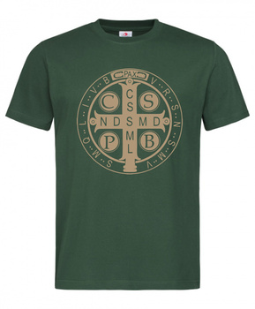 Ciemno zielona koszulka męska Krzyż Świętego Benedykta (przesłanie złoty połysk)